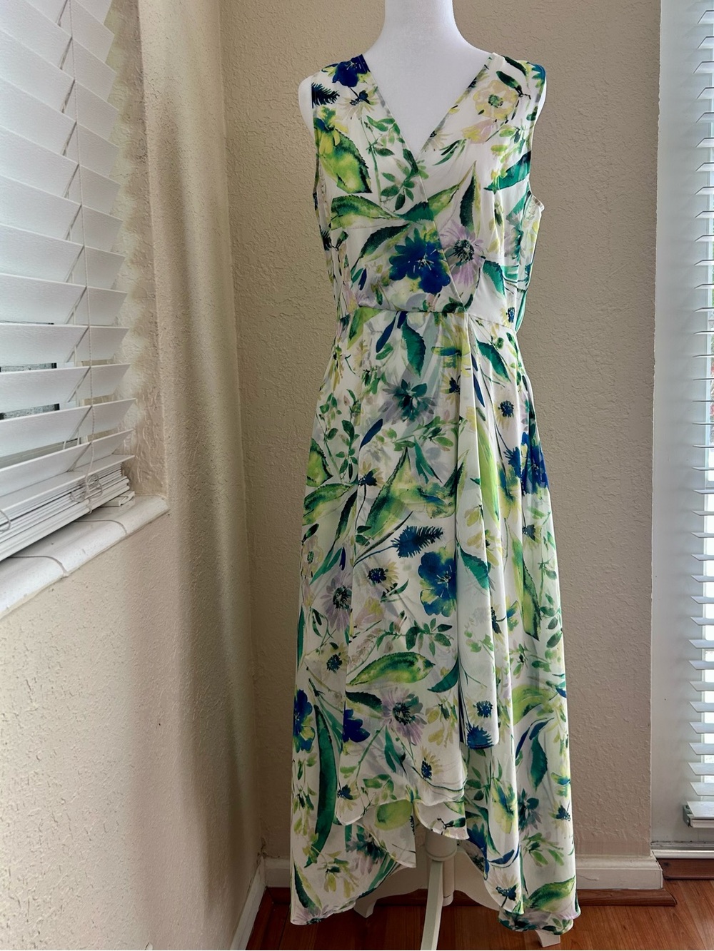 Calvin Klein White Maxi Dress with Green and Blue Floral Print